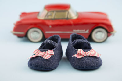 Close-up of toy car against white background