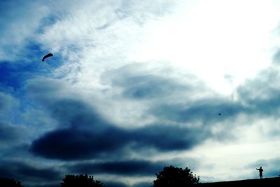 Low angle view of bird flying against cloudy sky