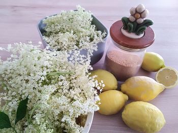 High angle view of breakfast on table