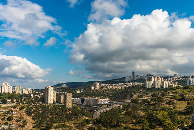 High angle view of city against cloudy sky