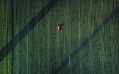 Aerial view of agricultural machinery on field