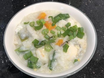 High angle view of soup in bowl