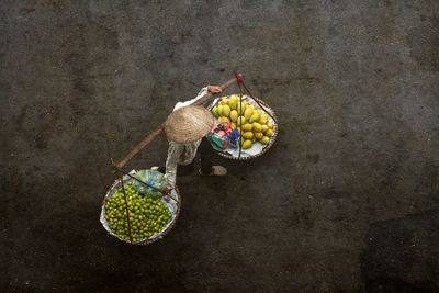 High angle view of fruits hanging in basket against wall