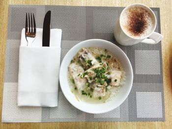 High angle view of breakfast served on table