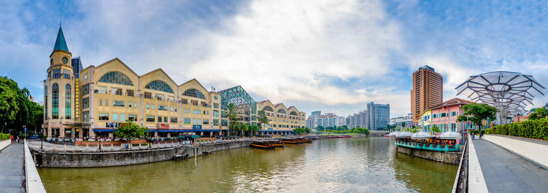 Panoramic view of buildings by river against cloudy sky