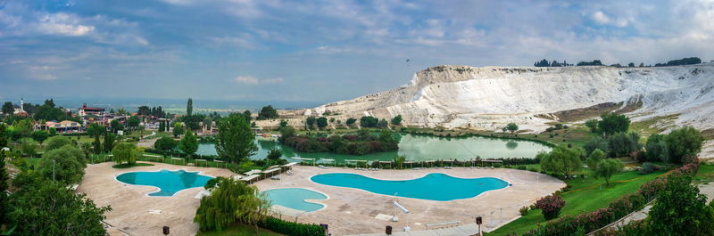 High angle view of swimming pool against sky