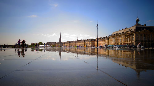 Reflection of buildings on wet street during sunset