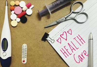 High angle view of text on table