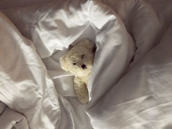 High angle view of stuffed toy on bed