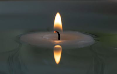 Close-up of lit candle in the dark