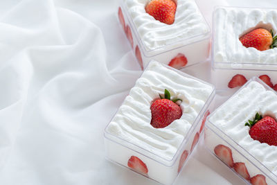 High angle view of strawberries on cake