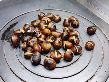 High angle view of eggs in plate