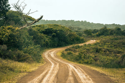 Road amidst trees and landscape against sky