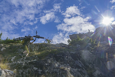 Low angle view of bird flying against sky
