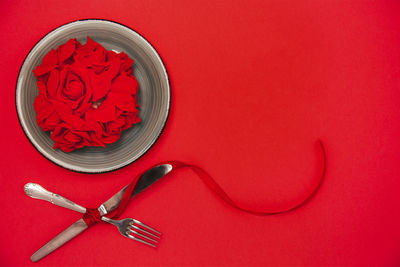 High angle view of red wine on table