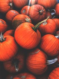 Full frame halloween background of a stack of orange pumpkins