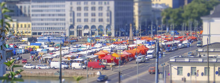 High angle view of street amidst buildings in city