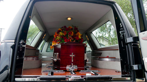 View of coffin in car