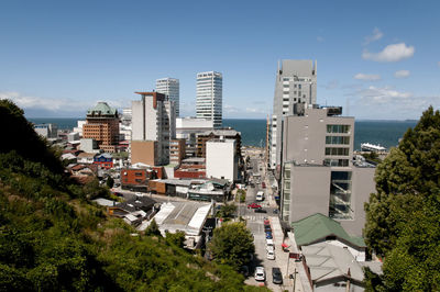 High angle view of buildings against sky