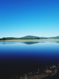 Scenic view of lake against clear blue sky