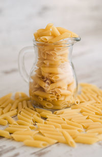 Close-up of ice cream in glass jar on table