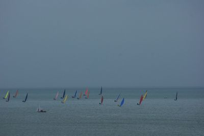 Sailboats in sea against clear sky