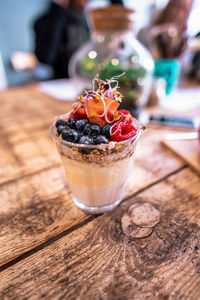 Close-up of dessert served on table