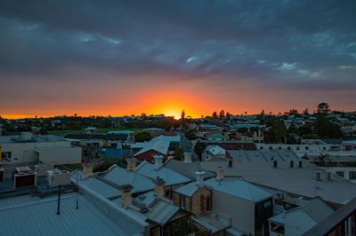 High angle view of townscape against sky during sunset