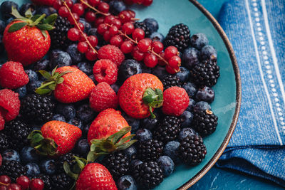 High angle view of strawberries in bowl