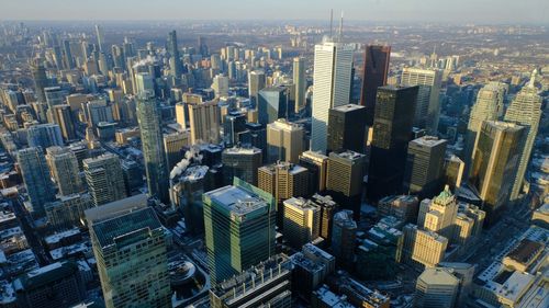 High angle view of modern buildings in city