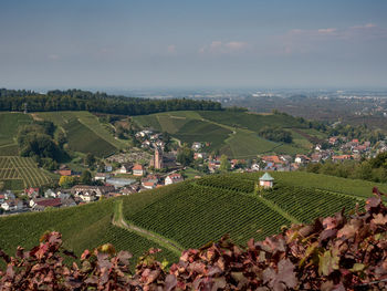 High angle view of agricultural field against sky