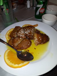 High angle view of breakfast served on table