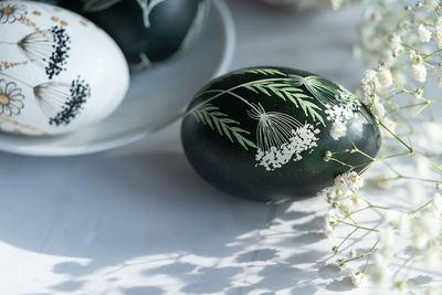 High angle view of christmas decorations on table