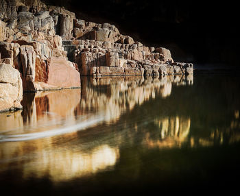 Reflection of rock formation in lake