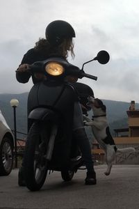 People riding motorcycle on street in city
