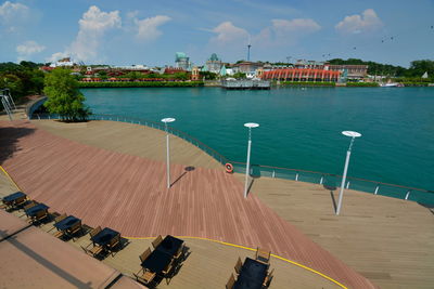 High angle view of city by sea against sky