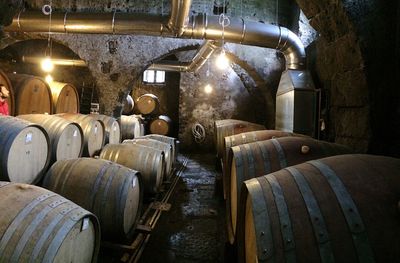 Row of wine bottles in container