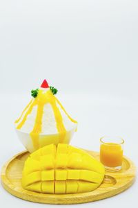 Close-up of cake on plate against white background