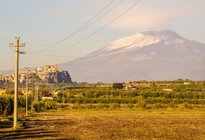 Scenic view of field and mountains against sky