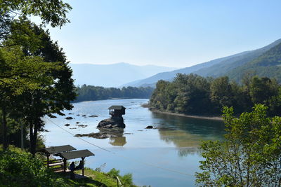 High angle view of building on rock in river