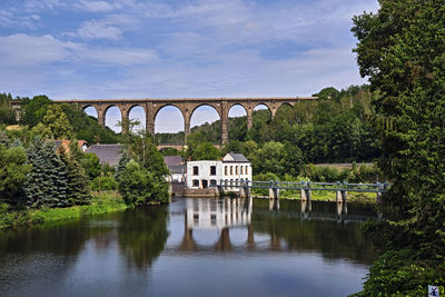 Arch bridge over river against sky