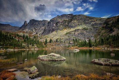 Scenic view of lake and rocks against sky