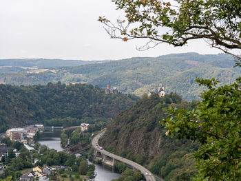 High angle view of trees on landscape against sky