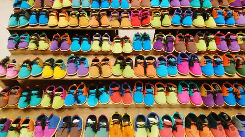 Full frame shot of multi colored shoes on rack for sale at shop