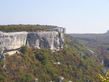 Scenic view of cliff against clear sky