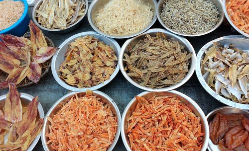 High angle view of food in bowls for sale at market stall