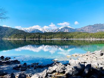 Scenic view of lake by mountains against blue sky