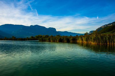 Photograph of a summer morning at lake caldaro in bolzano, italy