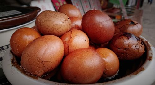 High angle view of fruits in basket on table