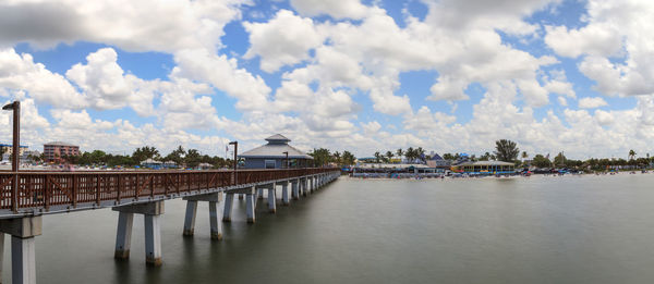 Bridge over river by buildings against sky